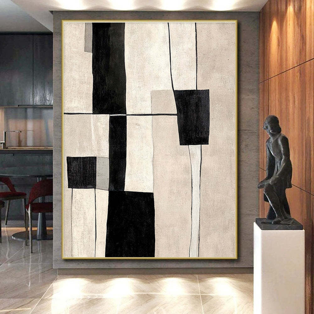 Black White Geometric Blocks Abstract Painting GER862