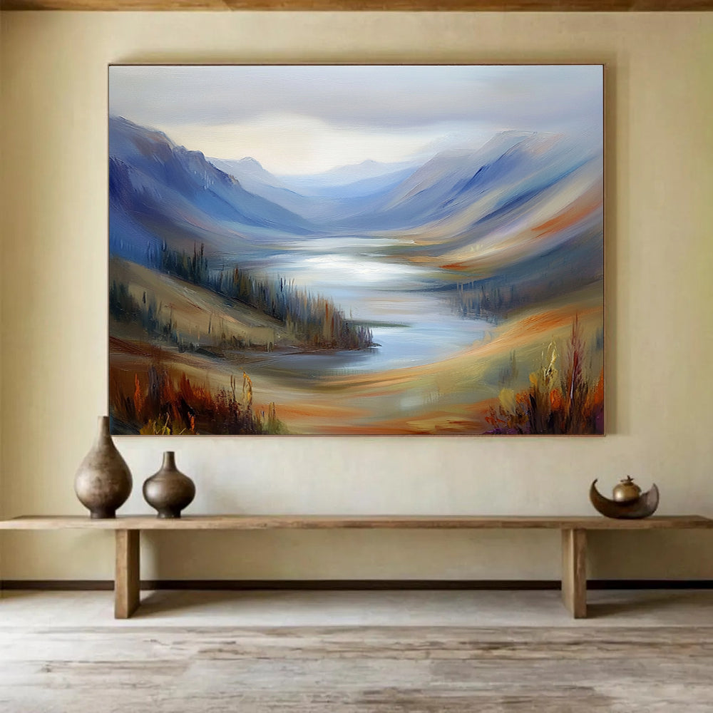 Mountain Lake Abstract Painting with Blue and Brown Tones DYP560
