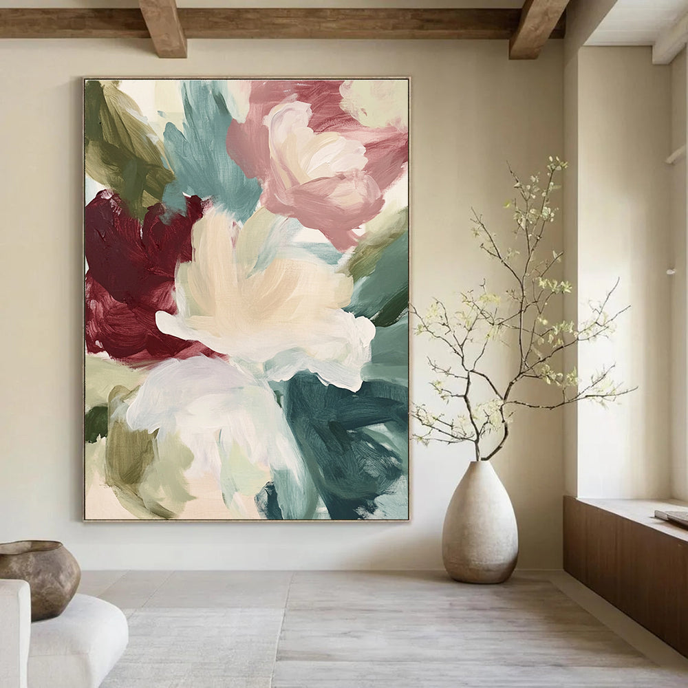 Large abstract floral painting in soft creams and sage greens with large brush strokes of maroon navy blue and minty pink for a serene garden view.STSC558