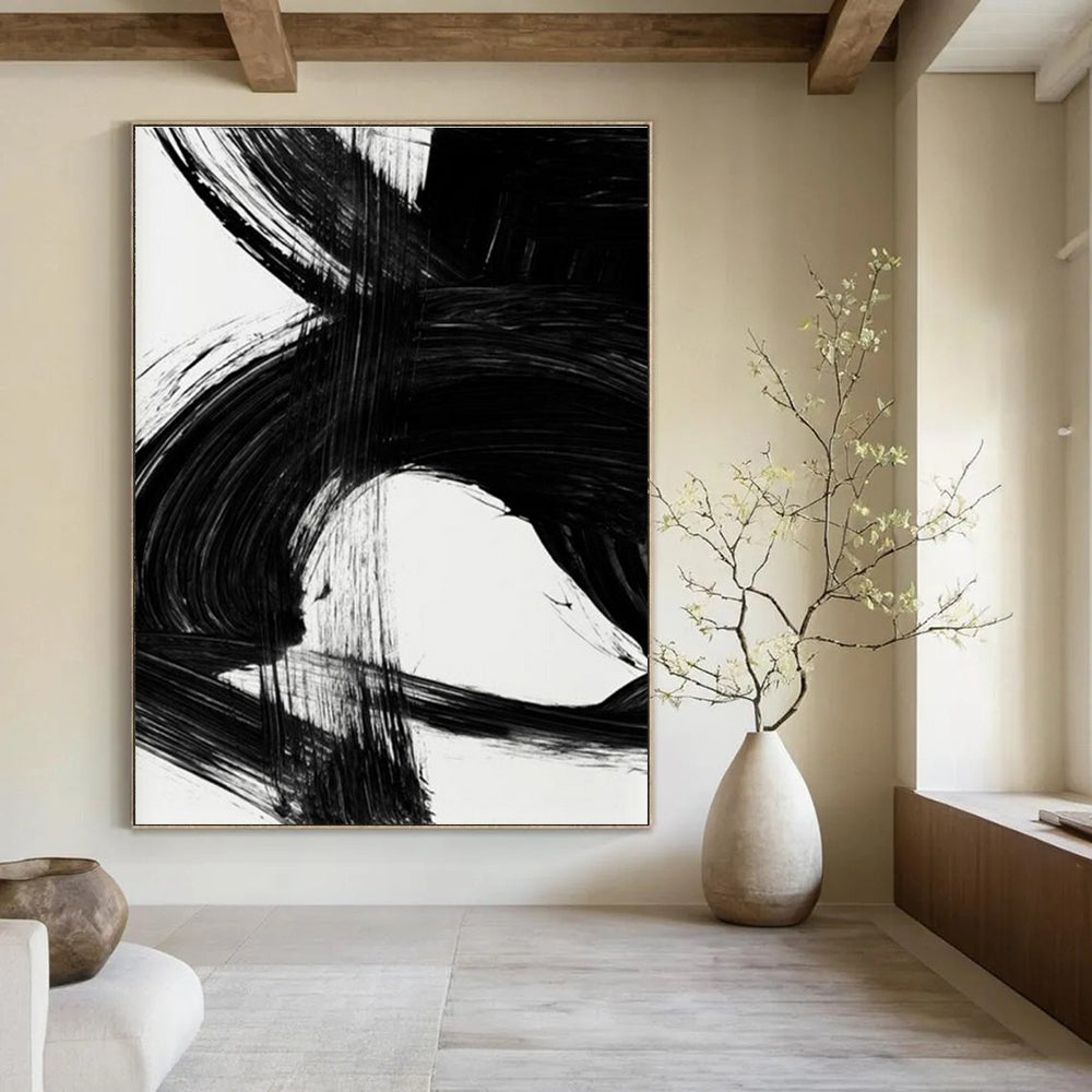 Black Ink Abstract with Dynamic Forms Painting ADGE196