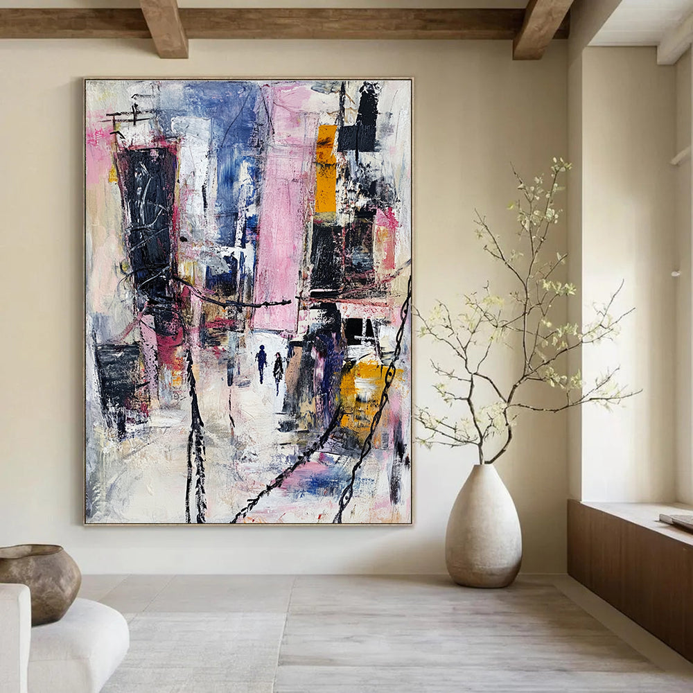 Large abstract painting featuring an urban landscape with mixed media elements in pastel colors and dynamic textures of fabric and metal.STSC666