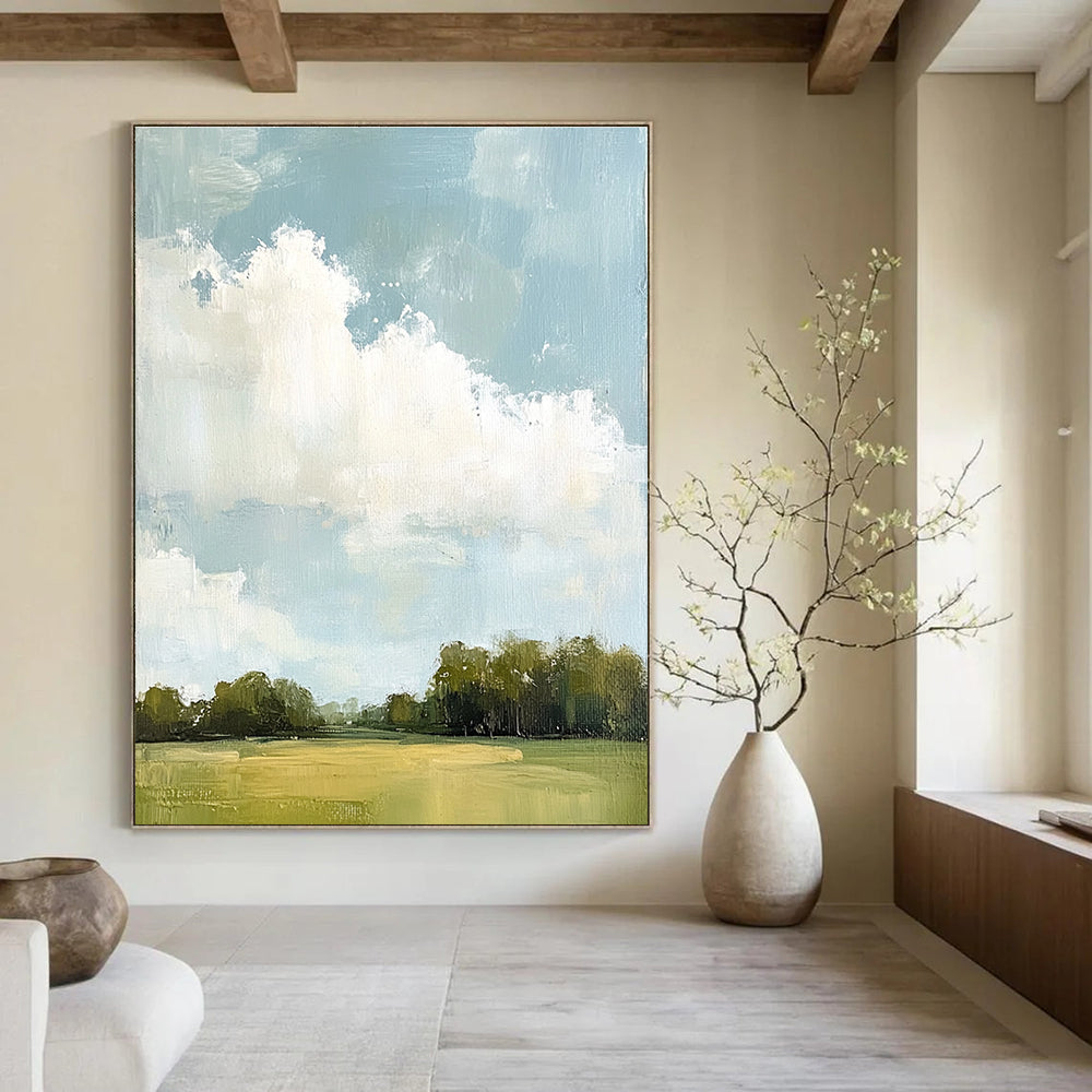 Large abstract painting depicting distant clouds and lush greenery with soft hues and thick brush strokes.STSC874