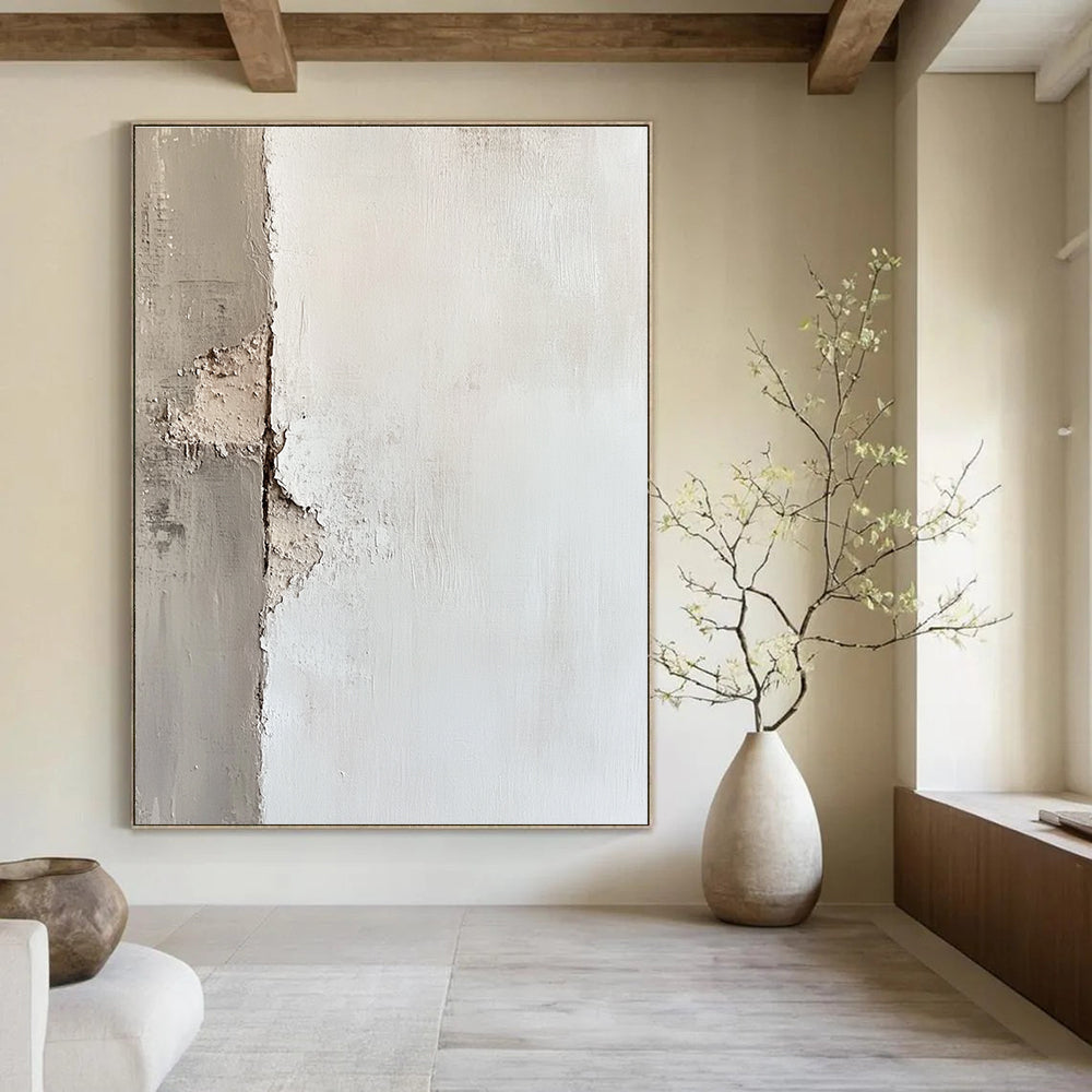 Large abstract painting of an off-white wall with textured brushwork showcasing peeling paint and soft edges in subtle tonal values.STSC653