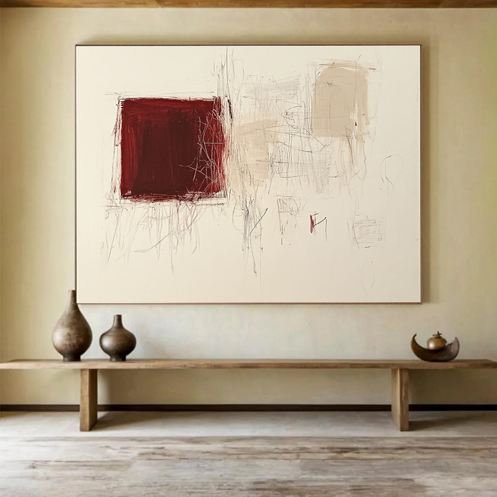 Large abstract painting featuring a dark red square and light beige scribbles on white paper with small doodle shapes.SC552