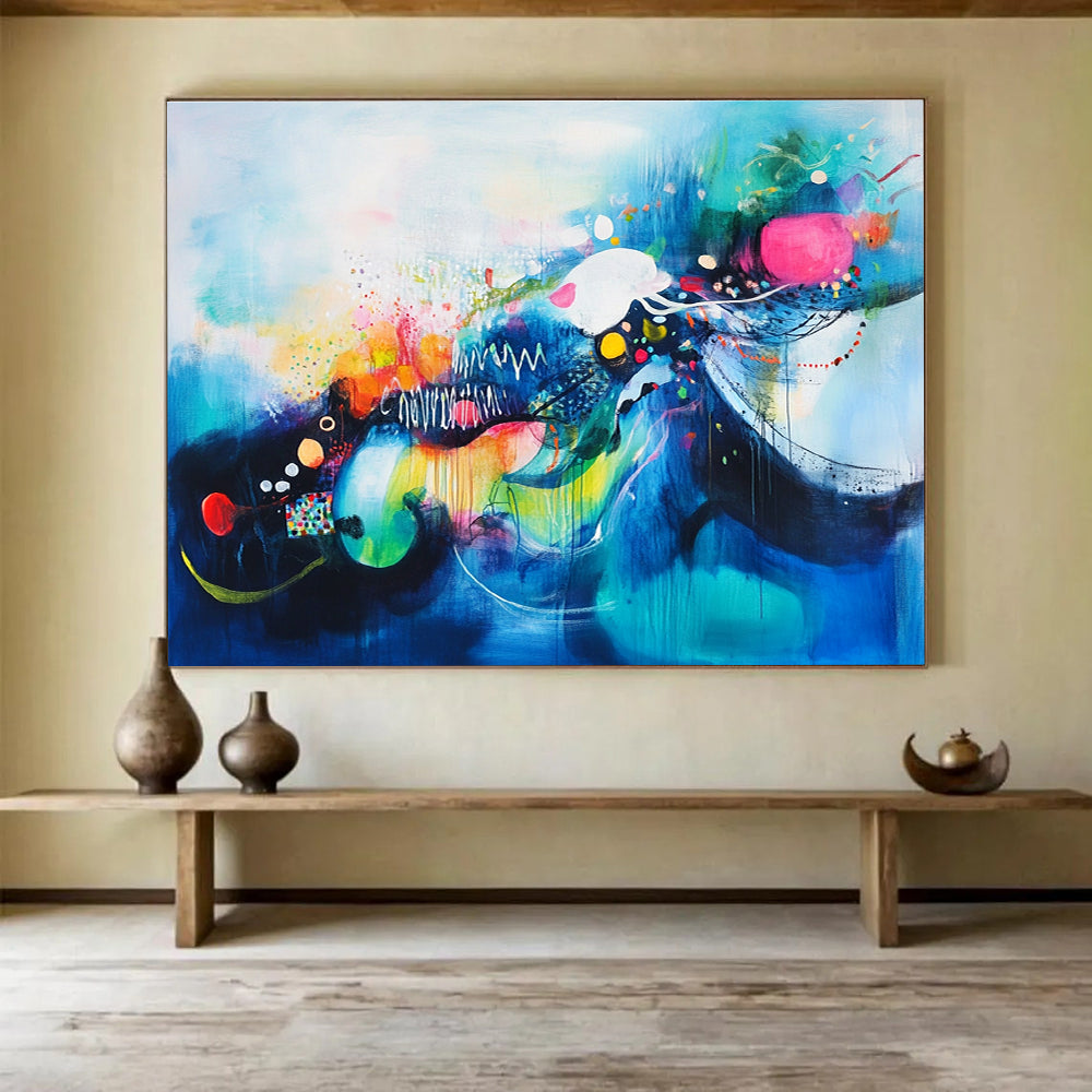 Colorful Blue Abstract Painting with Whimsical Elements DYP383