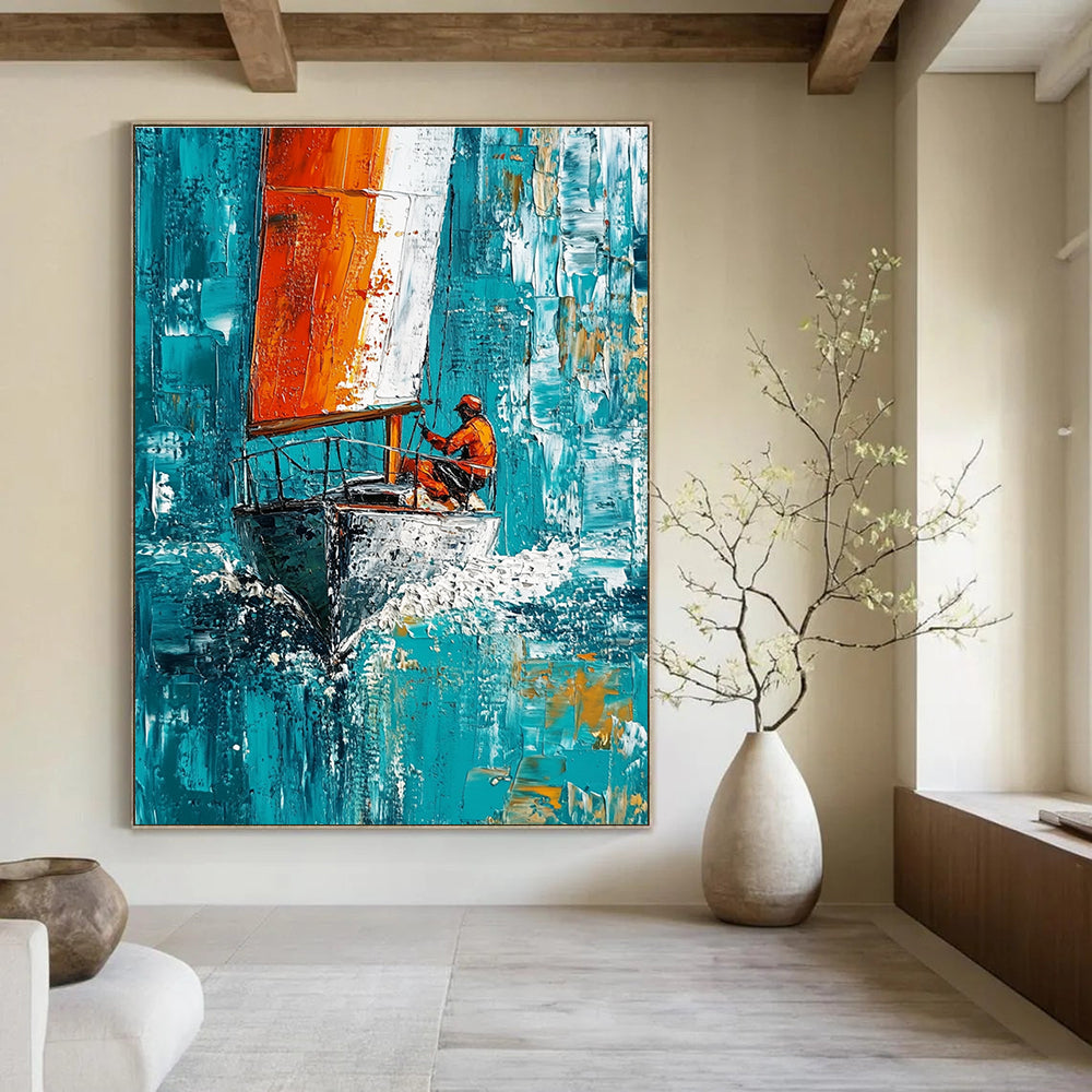 Large abstract painting featuring a sailboat with white and red stripes sailing swiftly on turquoise waters under a blue sky.STSC1418