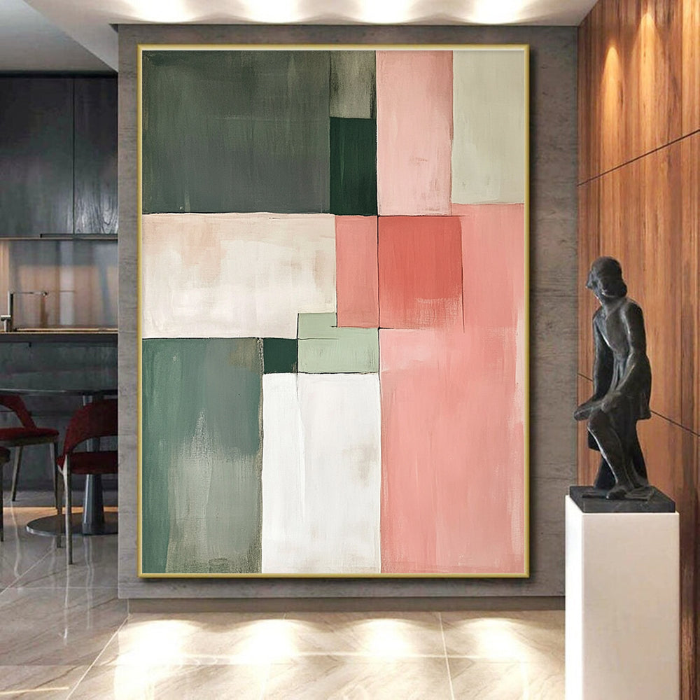 Green and Pink Block Abstract Painting with Subtle Contrasts GER154