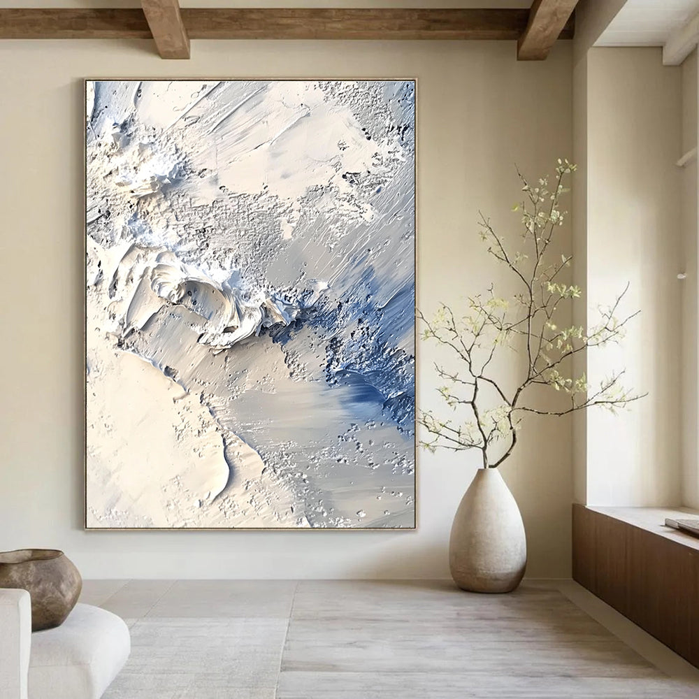 Large abstract painting capturing an Arctic landscape with thick impasto layers in white and gray reminiscent of John Martin's style.STSC258