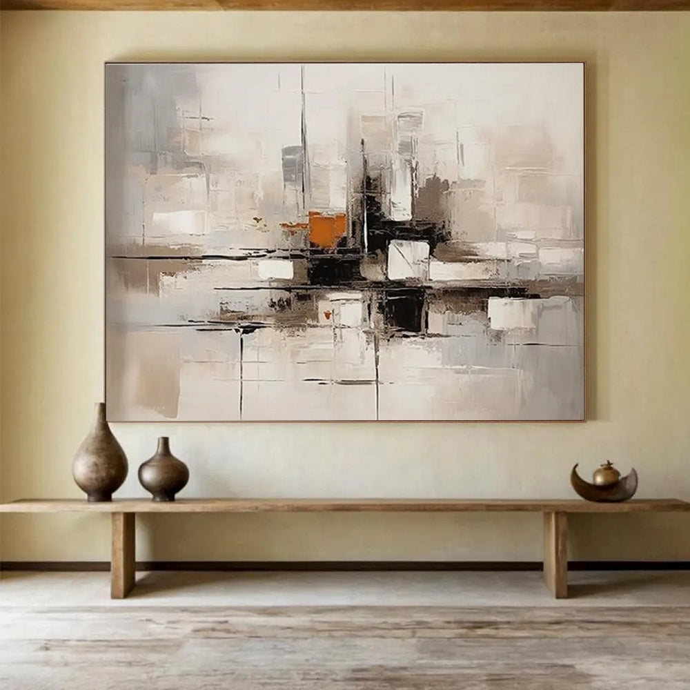 Gray Orange Abstract Painting with Architectural Abstraction THY322