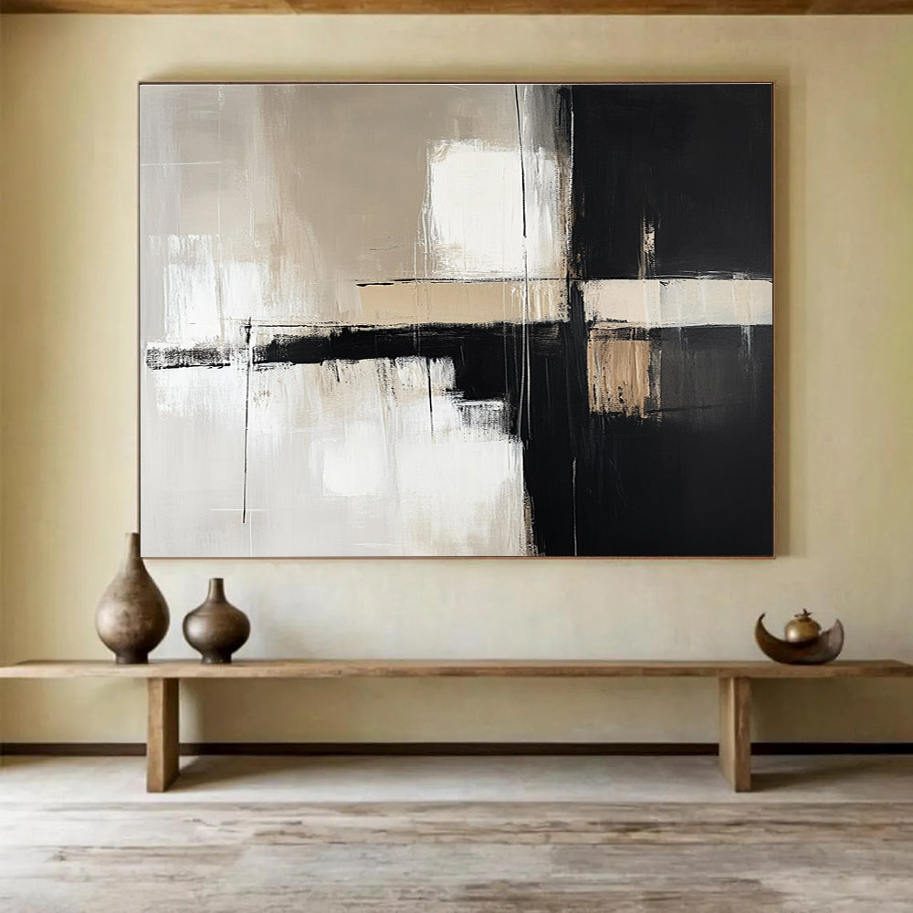 Monochrome Geometry Abstract Painting with Contrasting Blocks DYP388