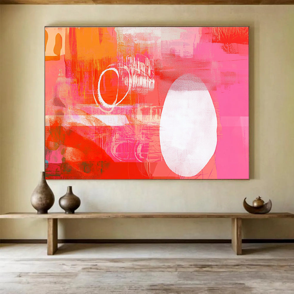 A large abstract artwork featuring a vibrant red and pink collage with energetic shapes and a striking white squiggle line, enhancing its lively composition.SC542