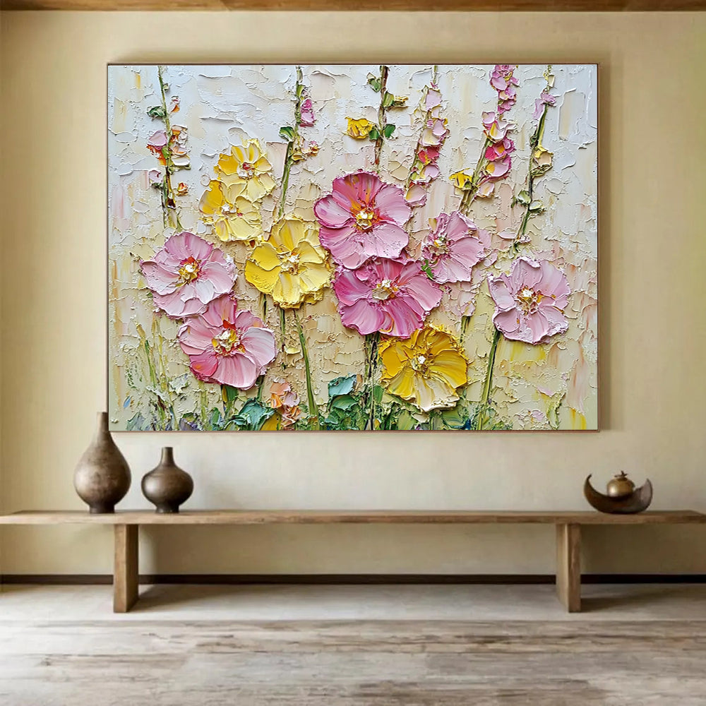 A large abstract painting featuring vibrant pink and yellow hollyhocks, detailed textures, and a rich background created with impasto technique using a palette knife.SC603