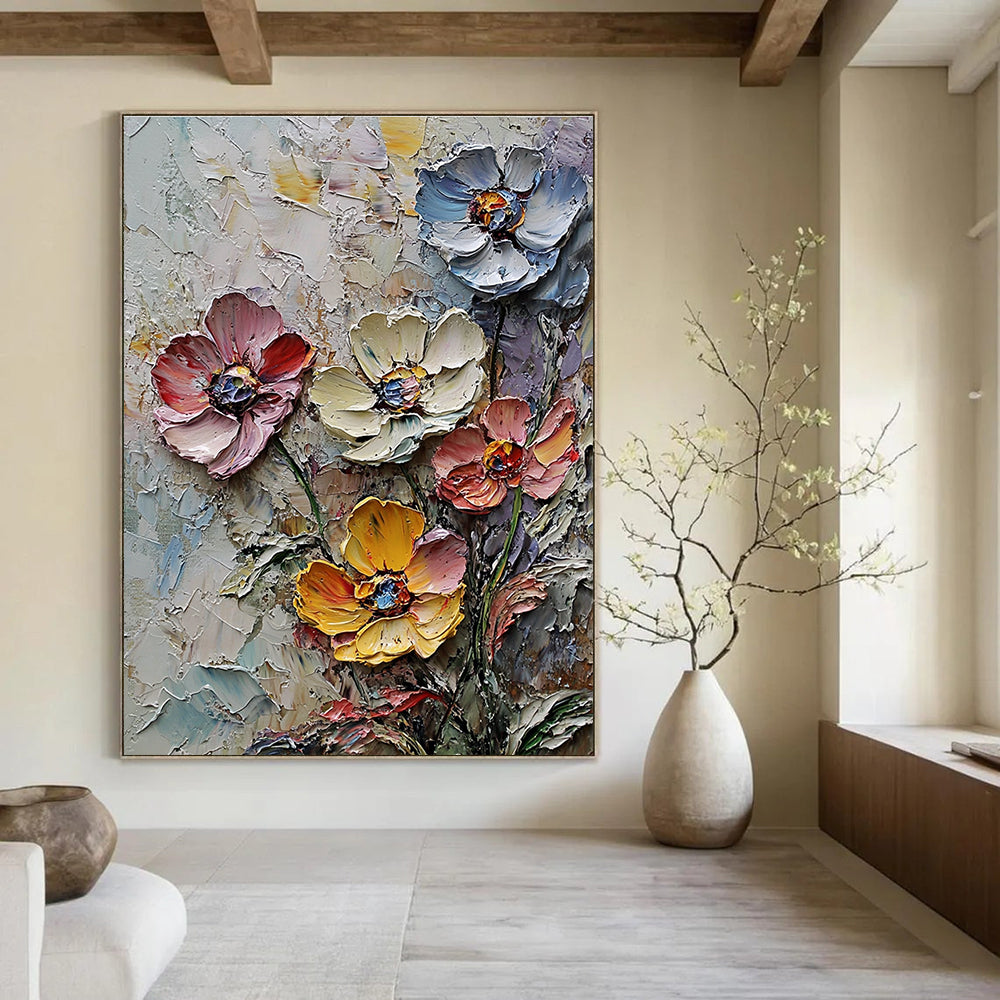 Large abstract painting of wildflowers in thick impasto texture and muted colors with densely clustered blossoms and rich background detail.STSC1302
