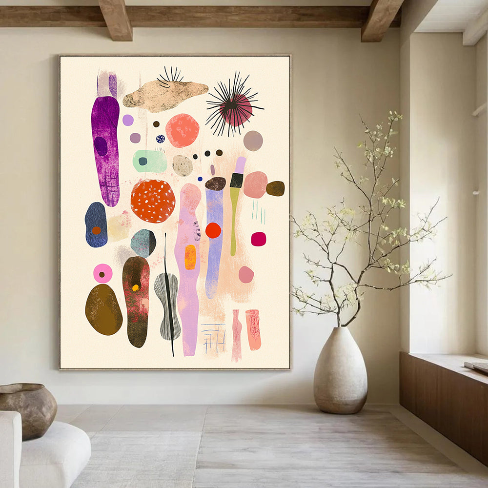 Large abstract collage featuring pastel fabrics ribbons and organic shapes designed for mid-century modern interiors. Whimsical yet sophisticated aesthetic.STSC1049