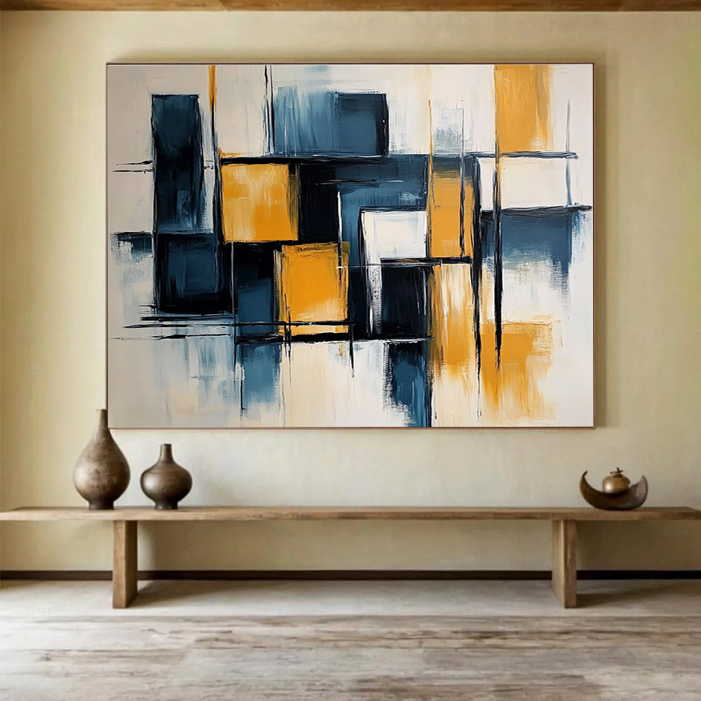 Large abstract painting with light blue and dark yellow color blocks, elegant black lines, geometric shapes, and a touch of orange on a white background.SC591