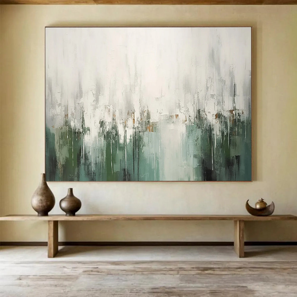 Green Gray Abstract Painting with Ethereal Drip Effects THY324