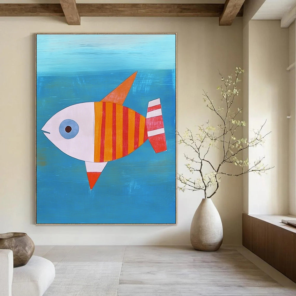 A large abstract painting featuring a flat illustration of a fish with an orange-red body and white stripes swimming in blue water.STSC995