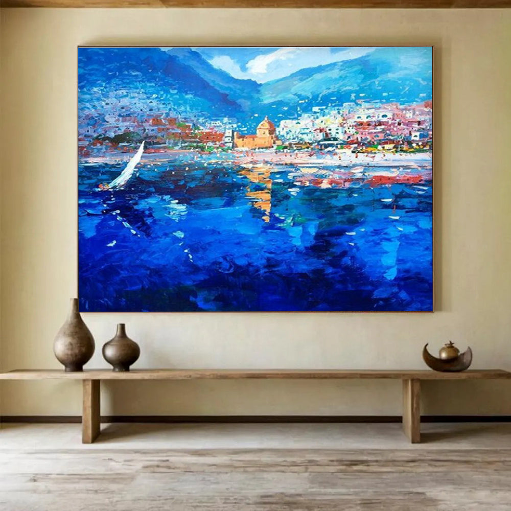 Blue Coastal Town Sailboat Abstract Painting THY481