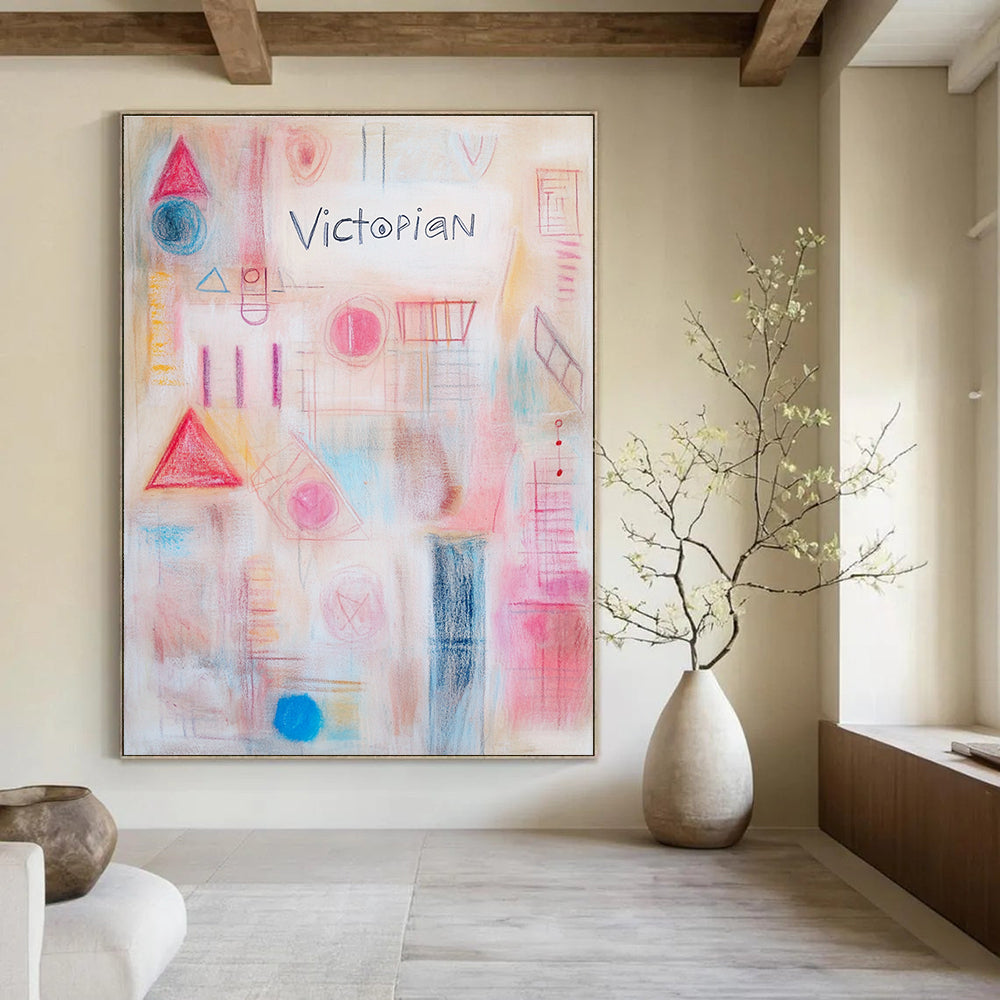 Large abstract artwork featuring soft pastel colors geometric shapes and delicate white text reading Victorian in a harmonious collage.STSC1204