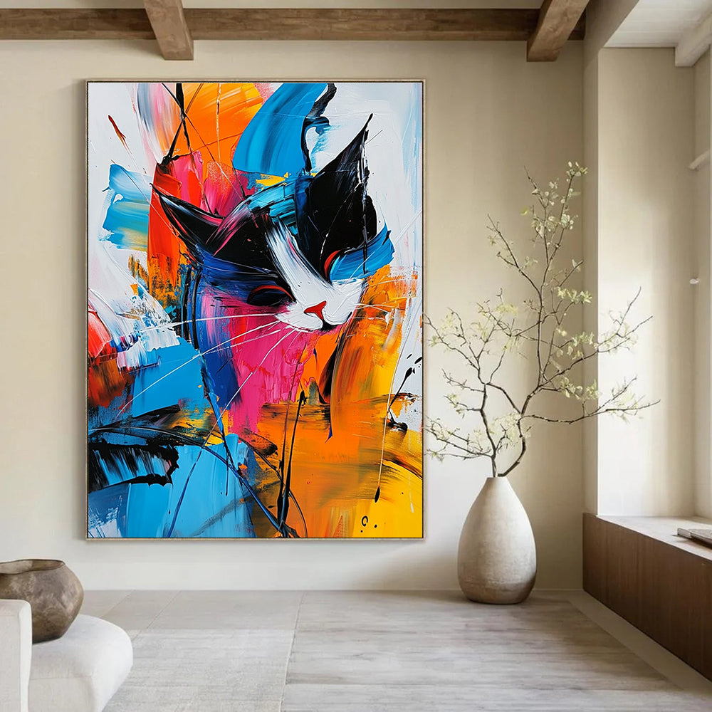Large abstract painting featuring colorful shapes and lines with expressive brushwork and dynamic lighting on a white background with blue accents.STSC306