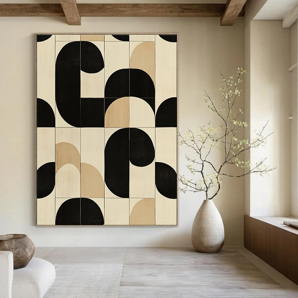 Large abstract painting featuring modern black white and beige circles and squares perfect for contemporary decor.STSC1102