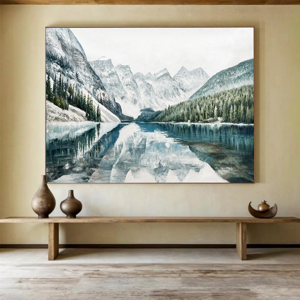 Snowy Mountain Lake Abstract Painting with Blue, White, and Green Tones THY221