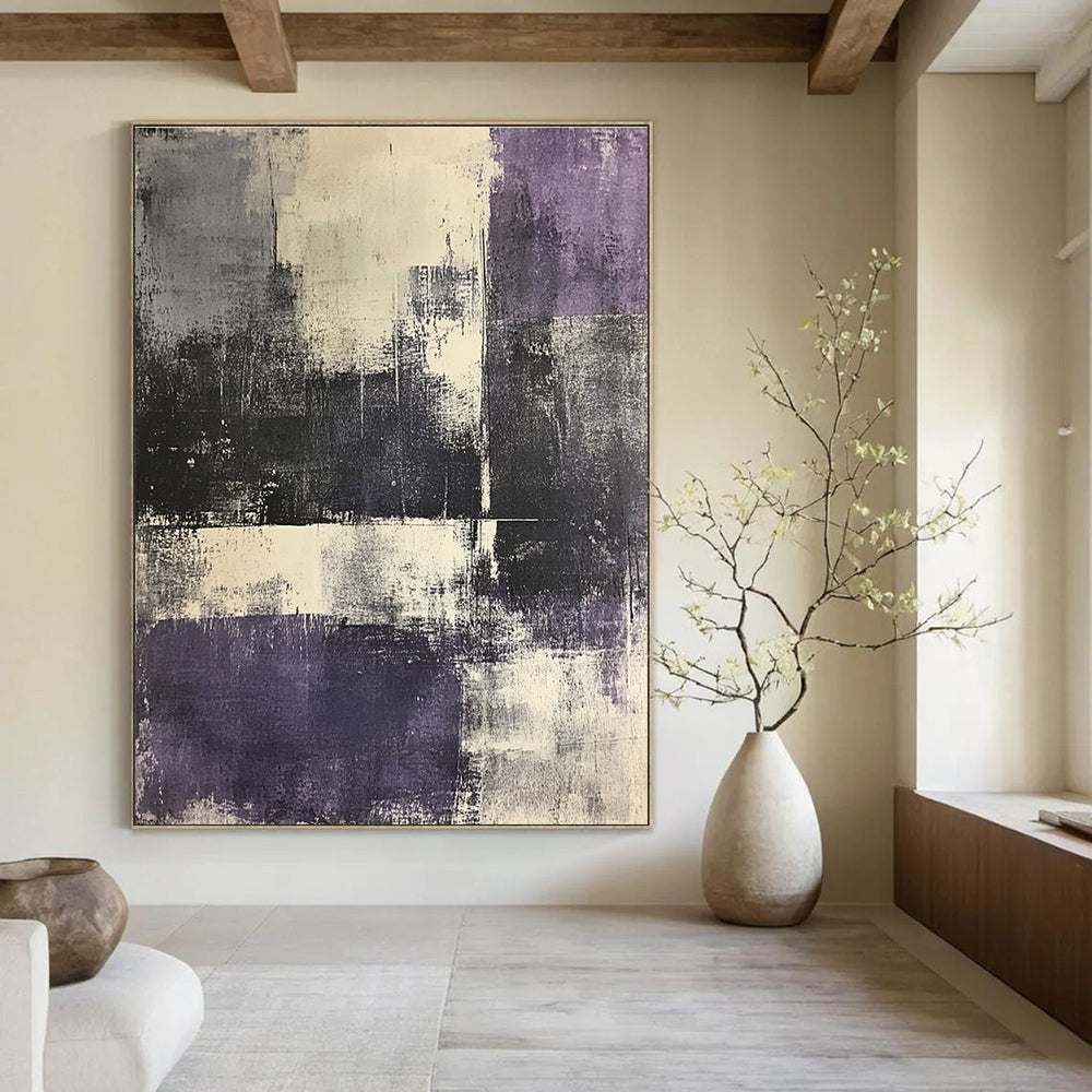 Large abstract painting in shades of gray and purple featuring an urban landscape with white elements on textured paper.STSC622