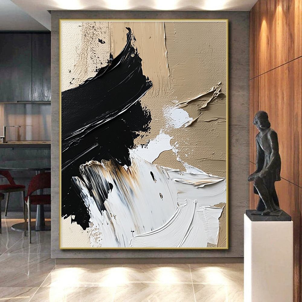 Dynamic Textured Abstract with Black White and Beige Strokes GER364
