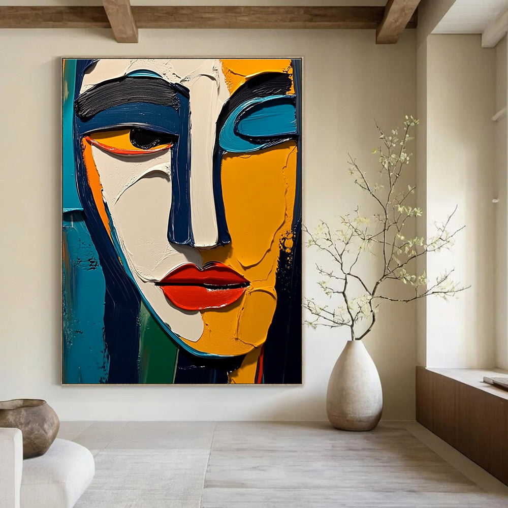 Large abstract painting featuring thick impasto texture with vibrant colors blue yellow white black red orange and green inspired by Picasso and Matisse.STSC557