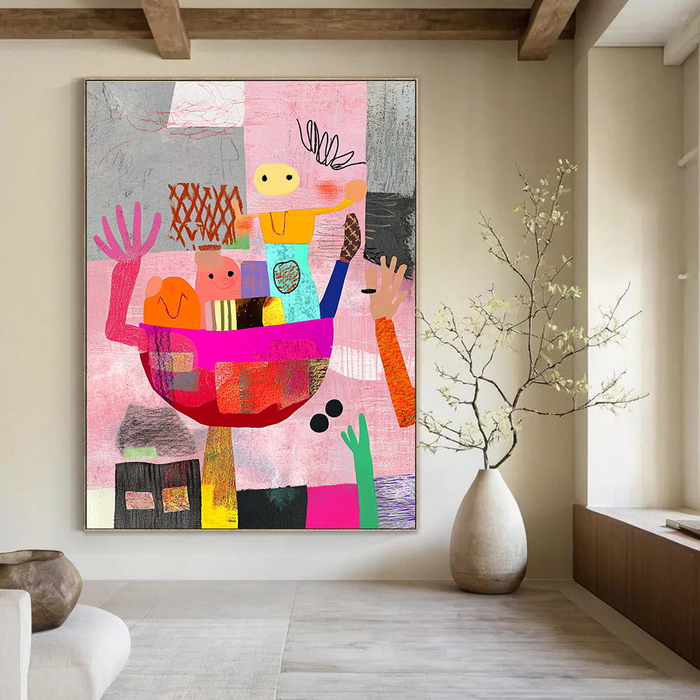 Large abstract artwork featuring whimsical shapes and people carrying an oversized food bowl against a pink and gray backdrop with colorful hand-drawn patterns.STSC968