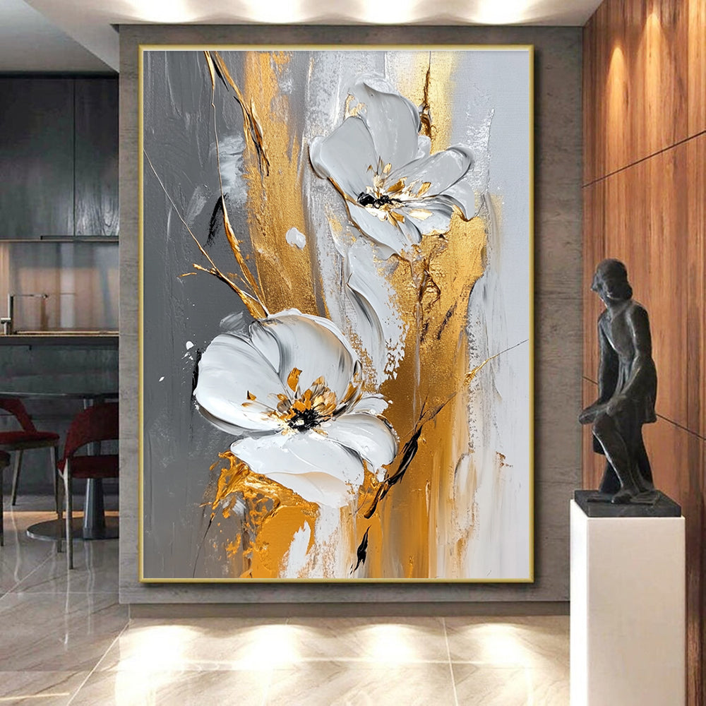 White Flower Gold Abstract Painting with 3D Textures GER603