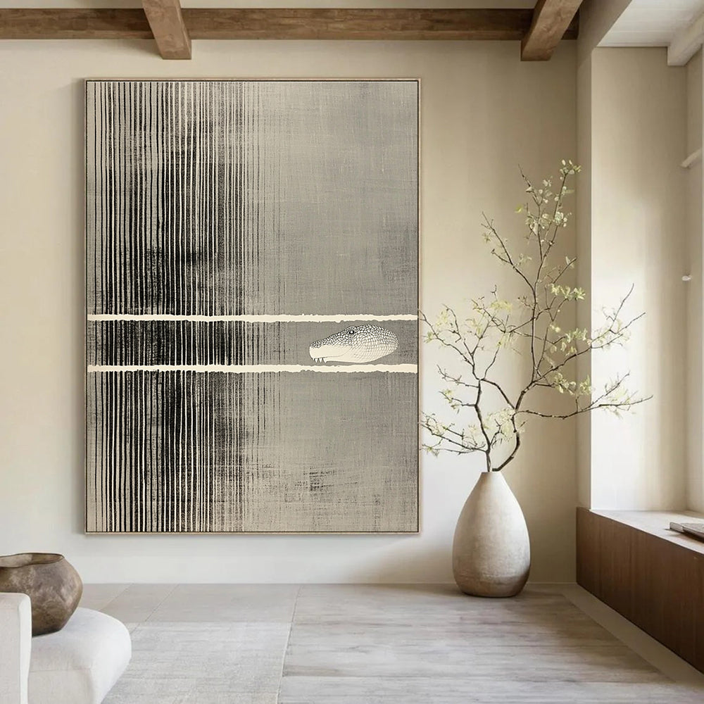 Abstract striped artwork featuring a cut-out section revealing a crocodile's head on a gray background with vertical lines.STSC1183