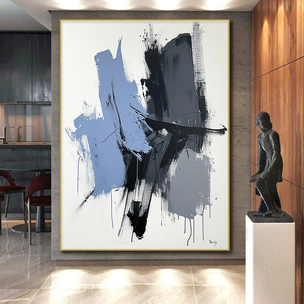 Blue Gray Black Abstract Painting with Minimalist Energy GER517