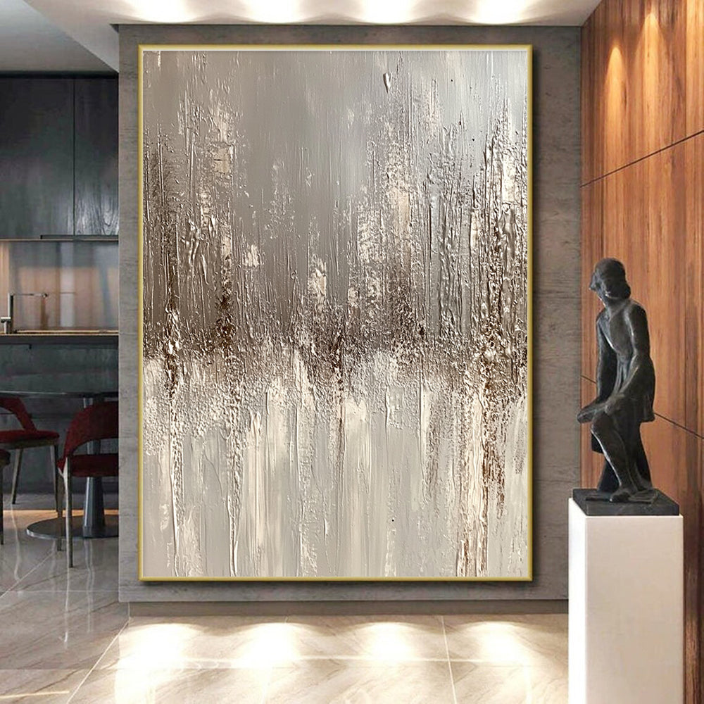 Textured Gray and Beige Abstract Painting with Dripping Effects GER247