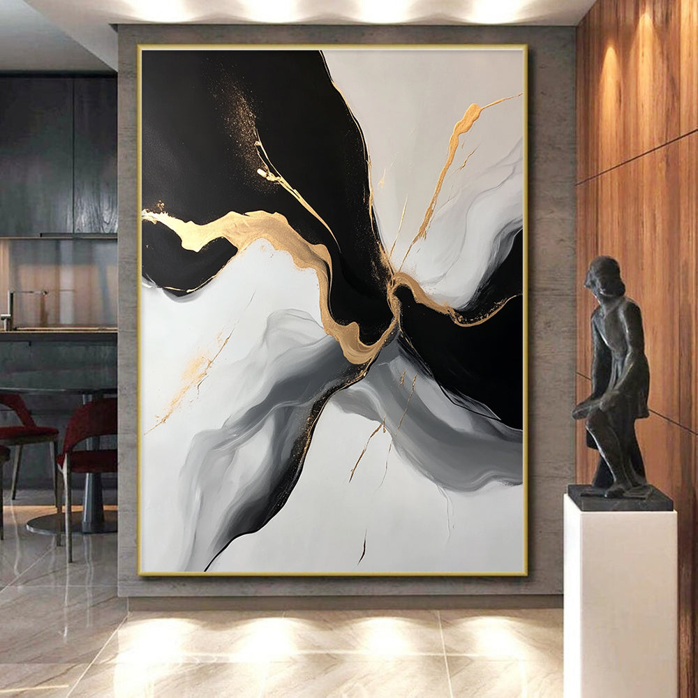 Black Gold and Gray Abstract Painting with Flowing Forms GER510