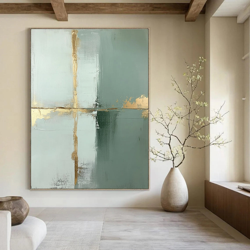 Large abstract painting featuring pale green and white blocks accented with thin gold lines and gold foil accents in a minimalist style.STSC428