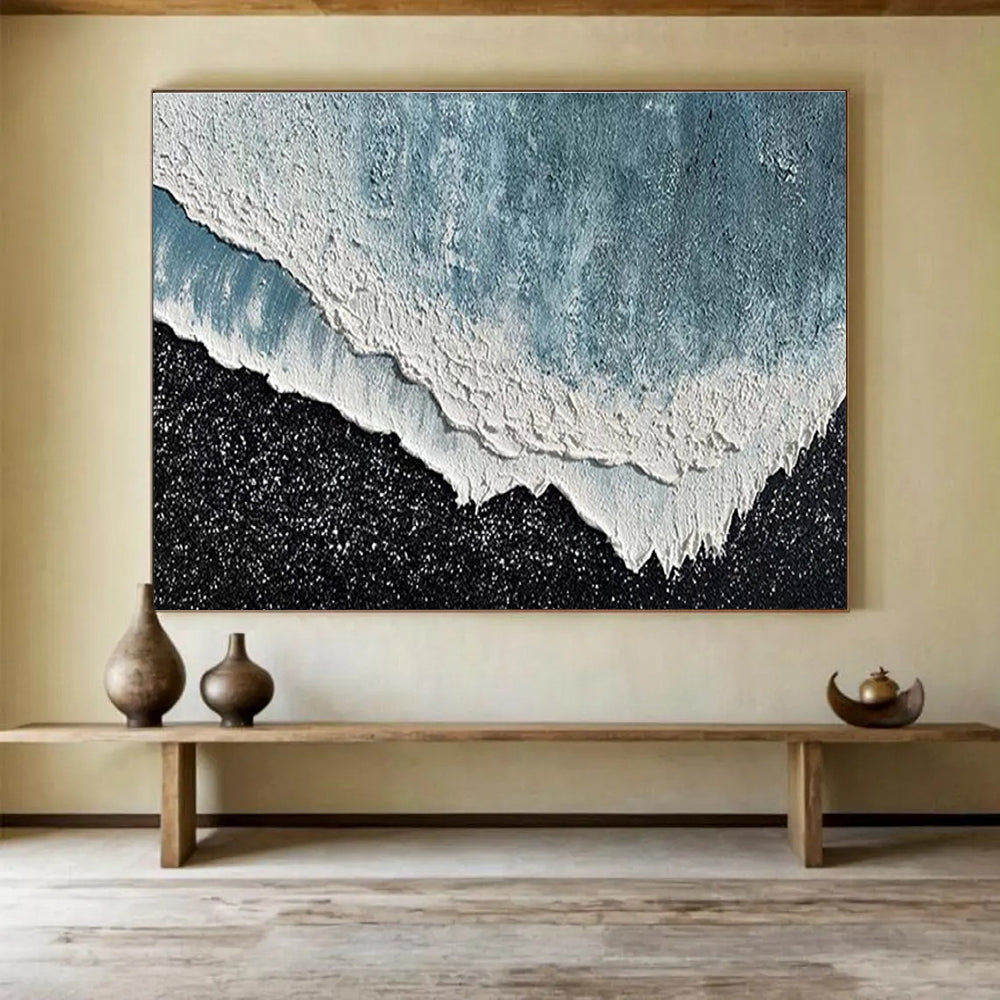 Textured Wave Abstract Painting with Blue, White, and Black Tones THY207