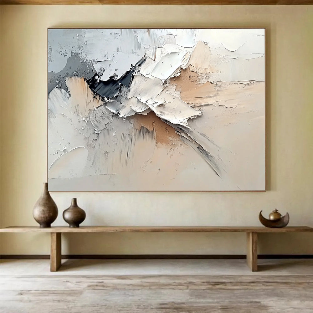 Large abstract painting featuring dynamic white, gray, and beige swirls in a neutral color palette reminiscent of Zao Wou-Ki.SC135