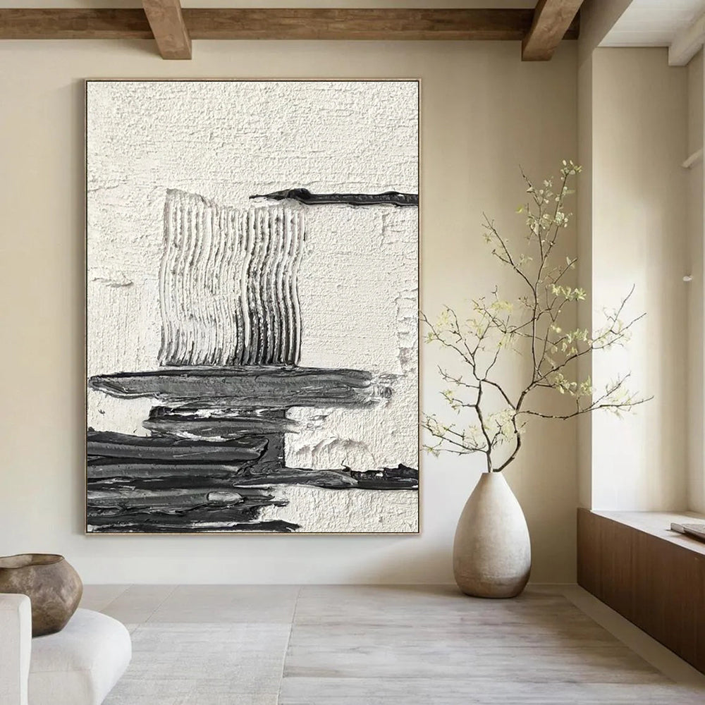 Black and White Layered Textured Abstract Painting ADGE388