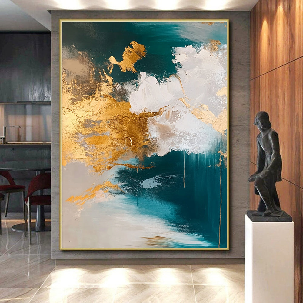 Teal and Gold Abstract Painting with Cloud - like Textures GER630