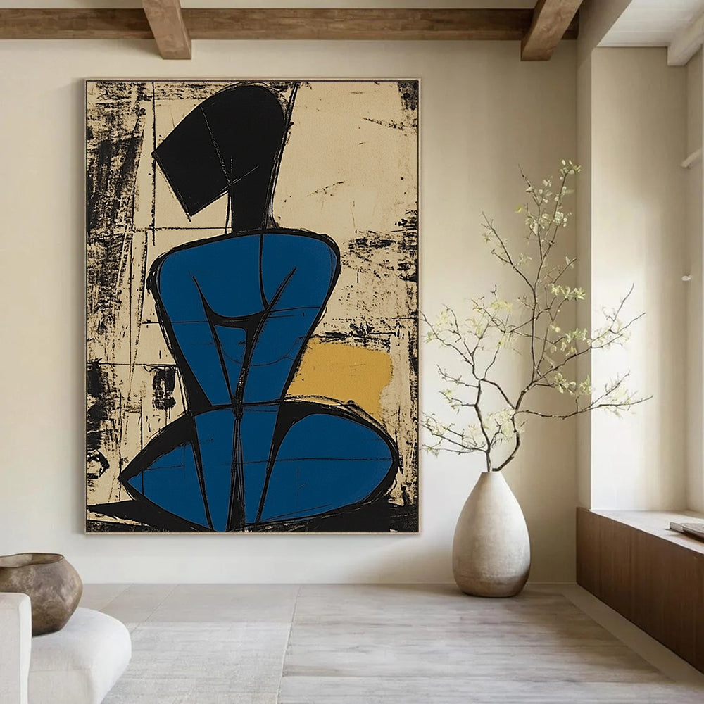 Abstract painting featuring a blue-bodied figure with simplified lines and short hair sitting on her knees against a vibrant background.STSC984