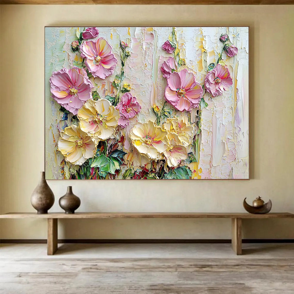 Textured Floral Abstract Painting with Pink and Yellow Hues DYP600