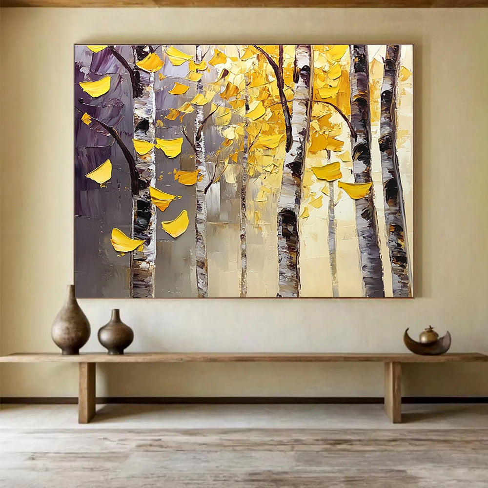 Autumn Birch Trees Abstract Painting with Yellow and Purple Tones DYP565