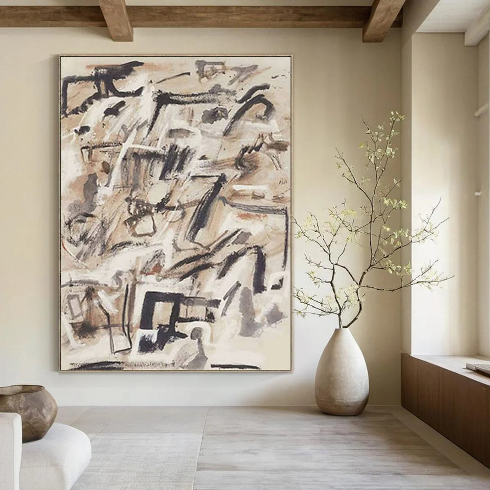Dynamic Black and Beige Abstract Painting with Energetic Brushstrokes ADGE143
