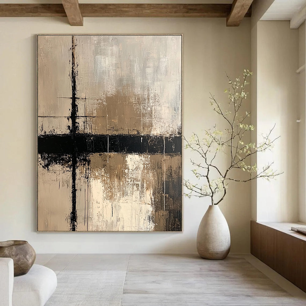 Large abstract painting with beige white and black lines on dark gray textured background featuring a prominent cross evoking tranquility and mystery.STSC437