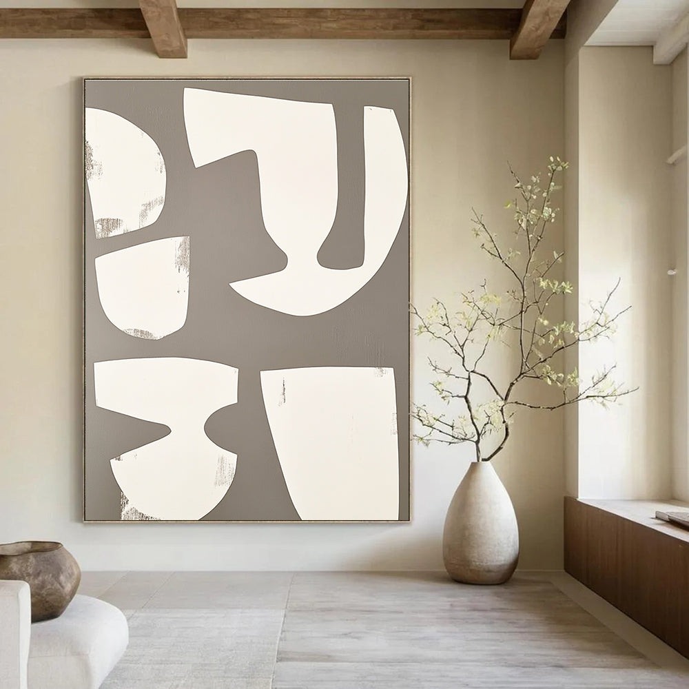Large abstract artwork featuring white shapes on a grey background inspired by minimalist cubist style reminiscent of Henri Matisse.STSC1491