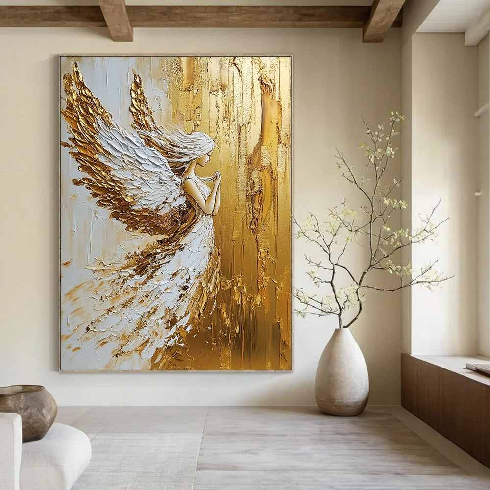 Large abstract painting in gold and white colors created with palette knife oil paint for a striking modern decor piece.STSC007