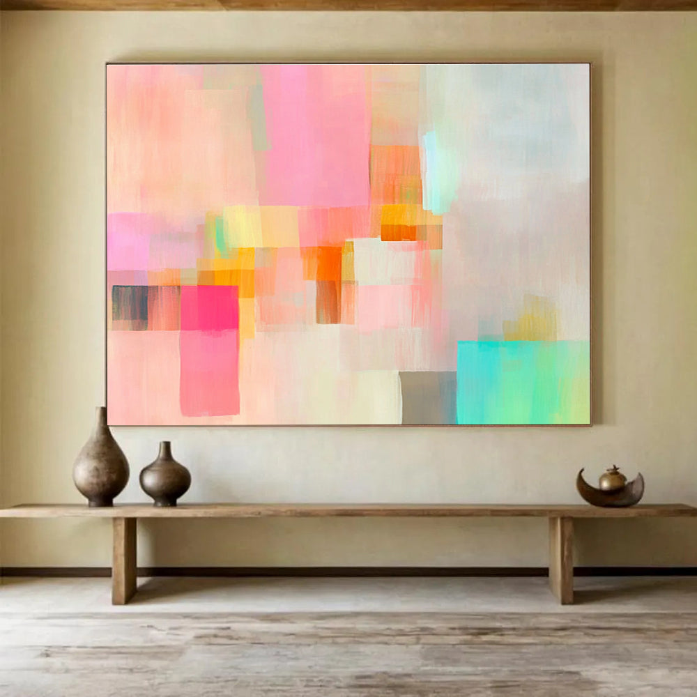 An expansive abstract painting featuring soft pastel colors and fluid geometric shapes creates a dreamy atmosphere of movement and calmness.SC302
