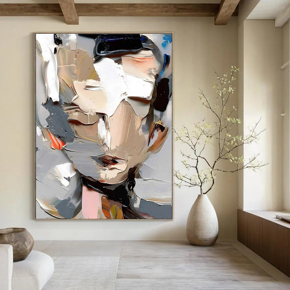 Color - layered Portrait Abstract Painting with Gray and Beige ADGE320