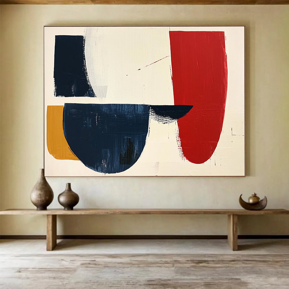 Large abstract painting featuring navy red and white shapes on cream paper with loose brush strokes, creating a striking minimalist aesthetic.SC490